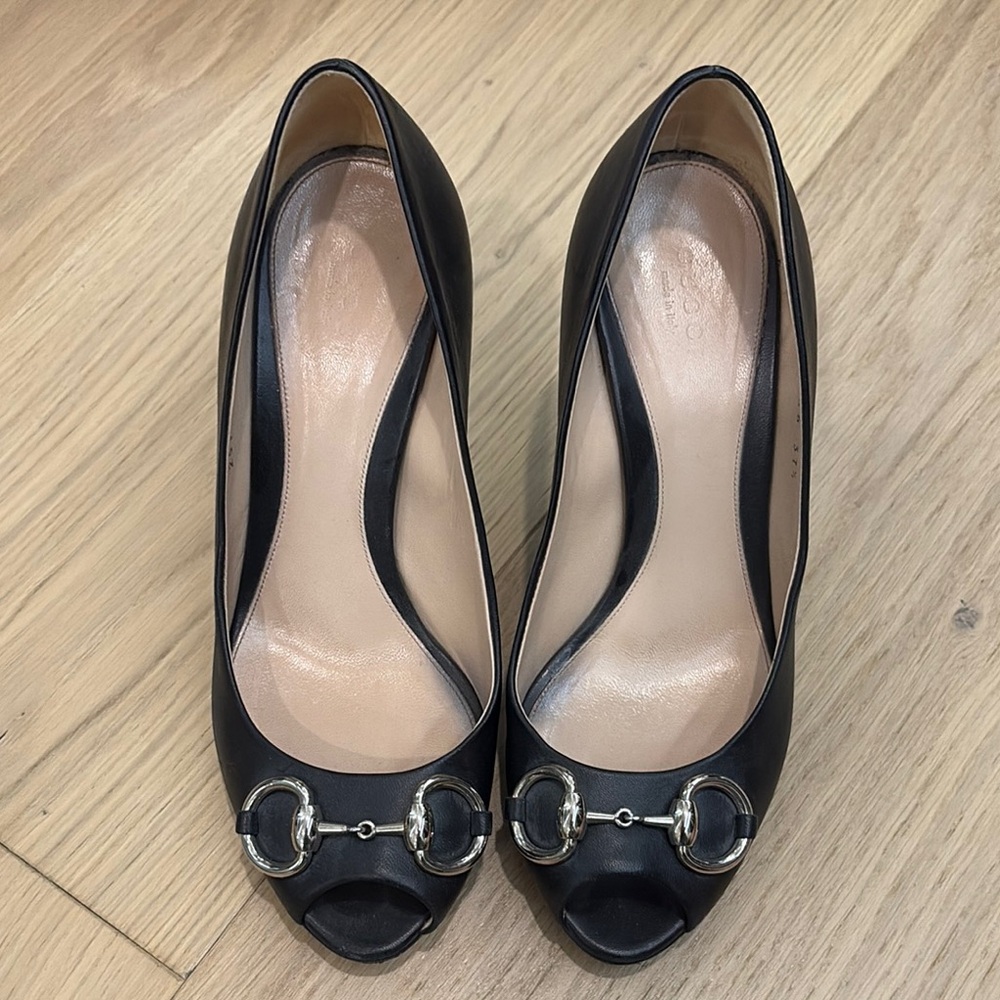 Gucci Black Peep-Toe Heels with Silver Accents